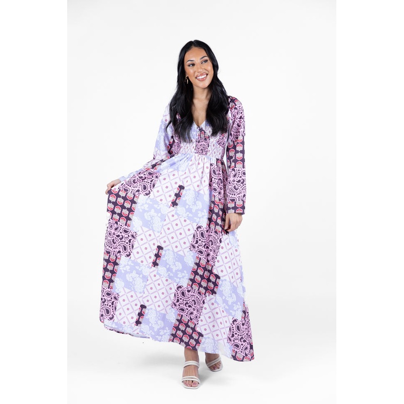 Falling Petals Purple Patchwork Printed Maxi Dress FINAL SALE