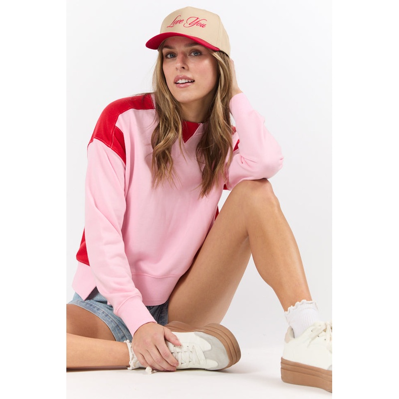 Far Between Pink and Red Contrast Trim Crew Neck Sweatshirt FINAL SALE