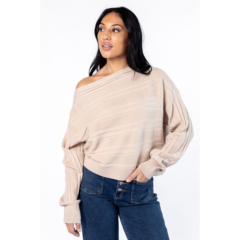 Feels Right Beige Off The Shoulder Ribbed Sweater