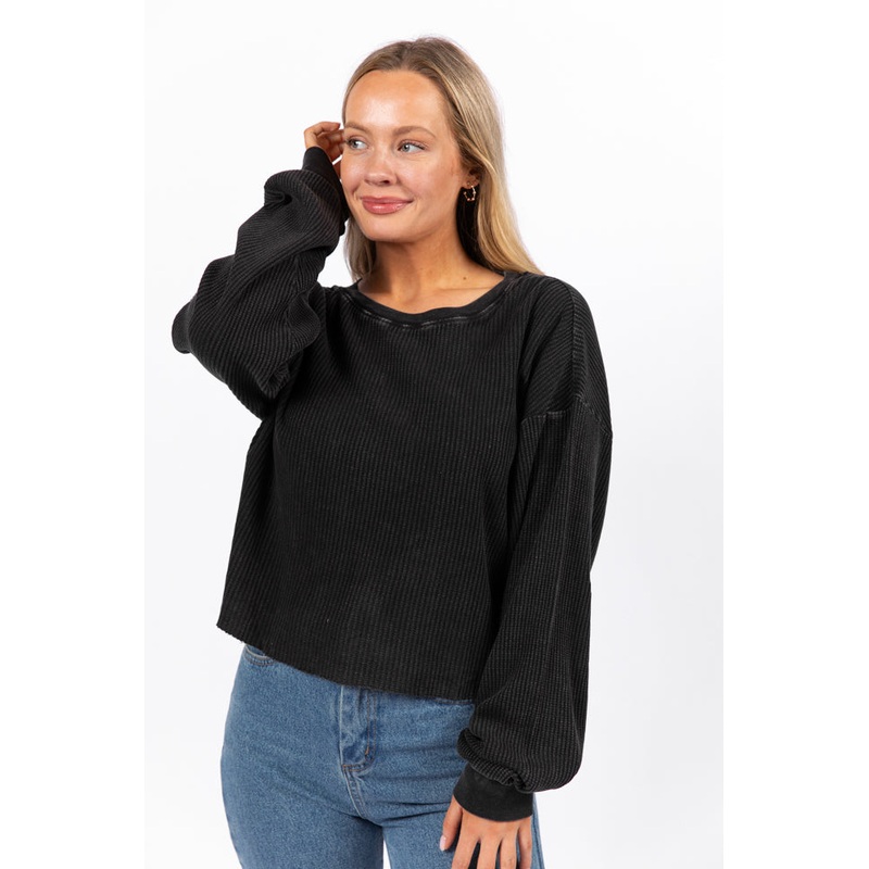 Fun and Games Black Acid Washed Waffle Long Sleeve Tee FINAL SALE