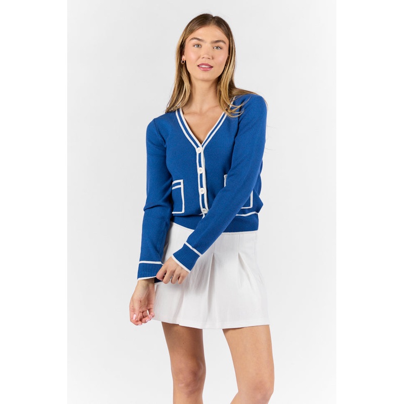 Gives Me Time Navy and Ivory Contrast Trim Cardigan