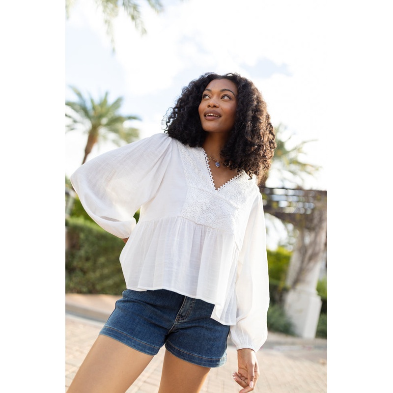Glistening Lights Ivory Lace Detail Woven Long Sleeve Blouse