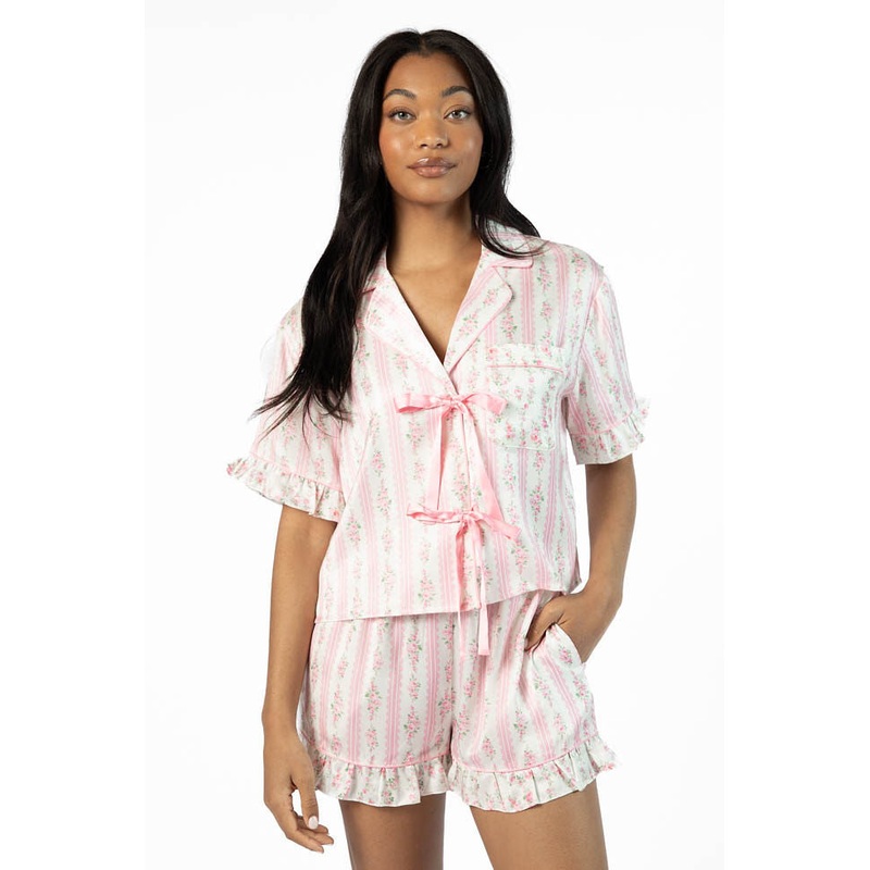 Hitting Snooze Pink Floral Striped Short Sleeve Pajama Top