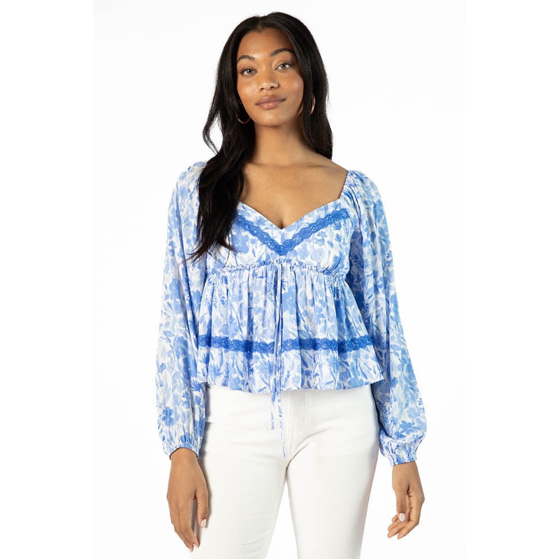 In My Dreams Blue Lace Trim Floral Blouse