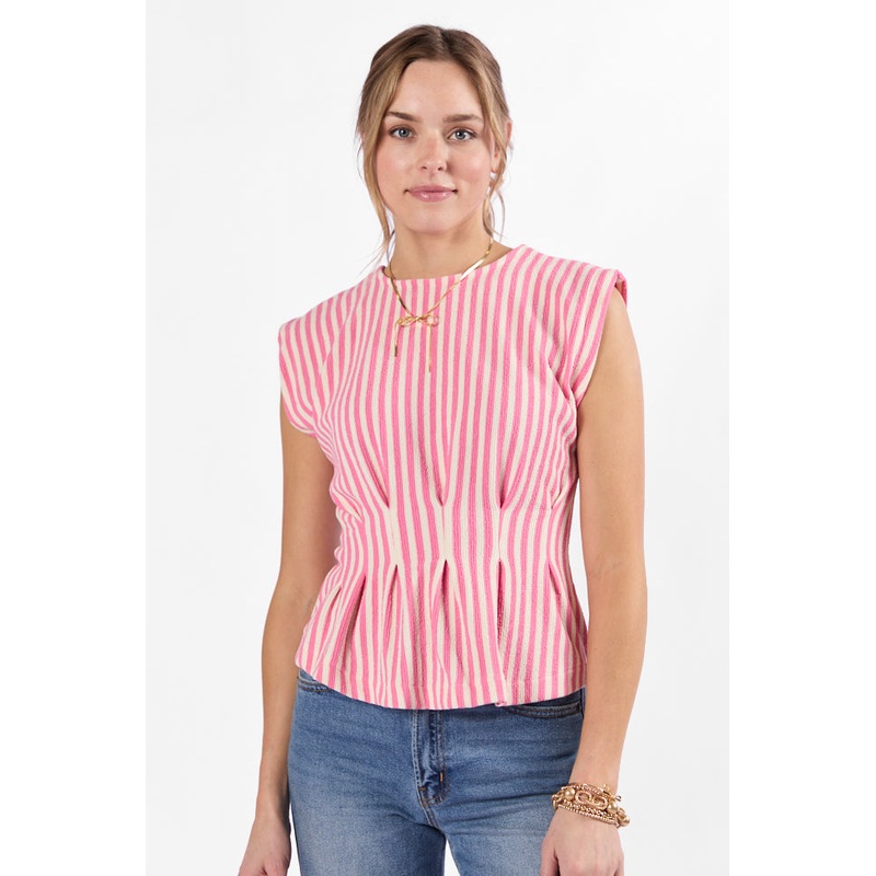 Made Your Mark Pink Striped Knit Cinched Waist Tee