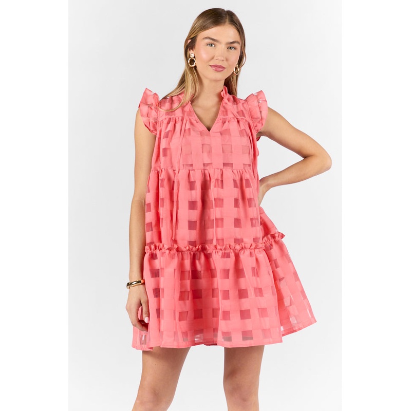 On The Line Coral Ruffle Shoulder Textured Mini Dress