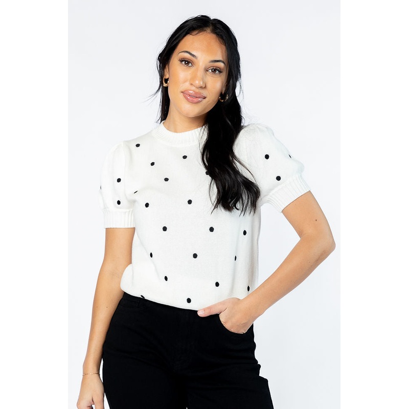 Polka Dot Daydreams Ivory and Black Short Sleeve Sweater FINAL SALE