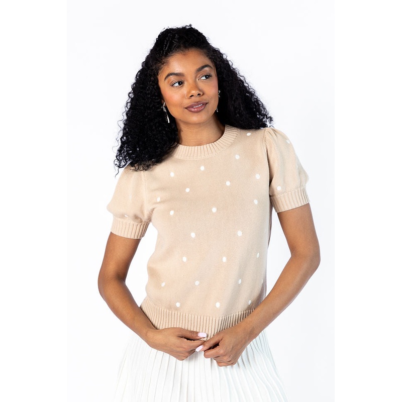 Polka Dot Daydreams Taupe and Ivory Short Sleeve Sweater FINAL SALE