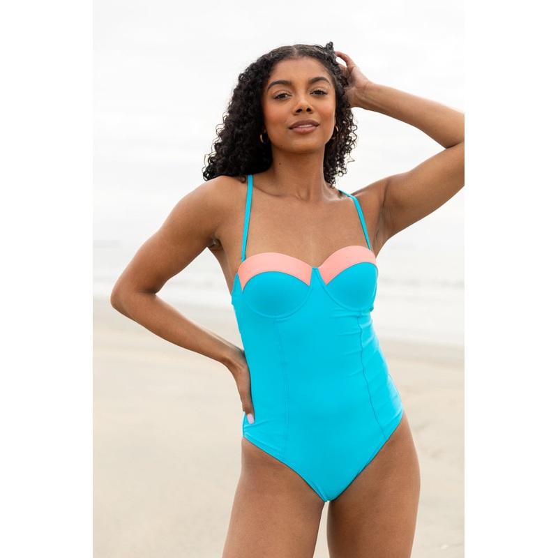Sandbar Soiree Blue and Coral Contrast Trim One Piece Swimsuit FINAL SALE
