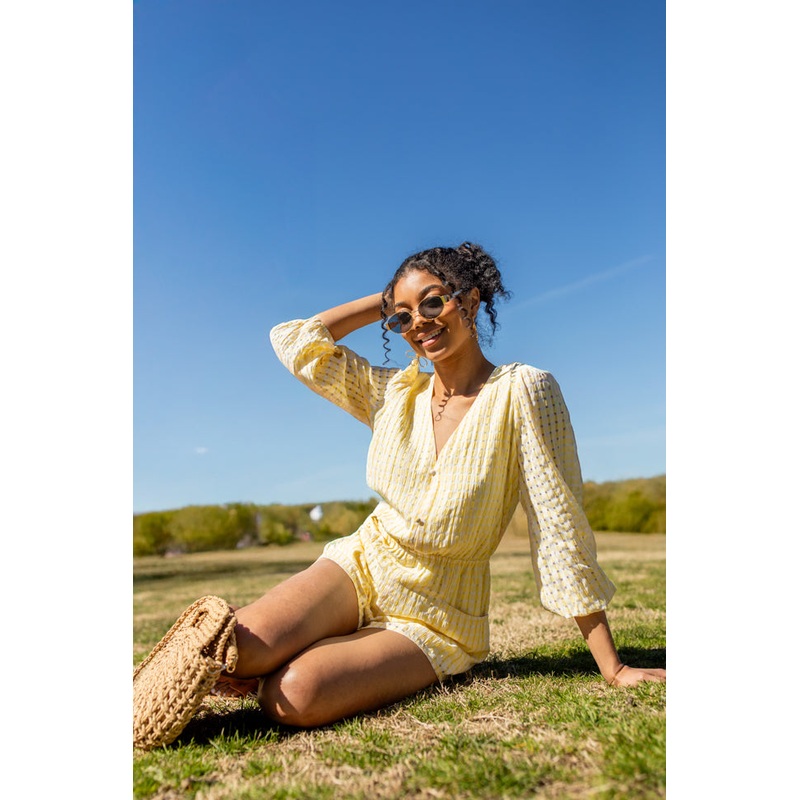 Set On You Yellow Gingham Long Sleeve Romper
