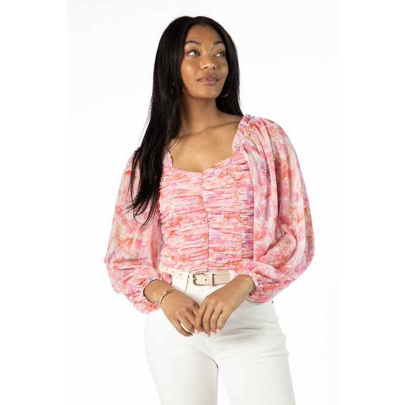 Show Me The Way Pink Multi Ruched Balloon Sleeve Floral Bodysuit