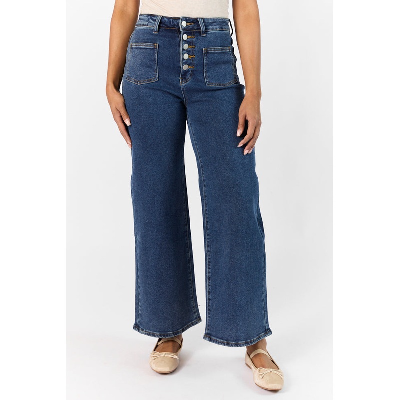 Sutton Dark Wash Wide Leg Patch Pocket Jeans