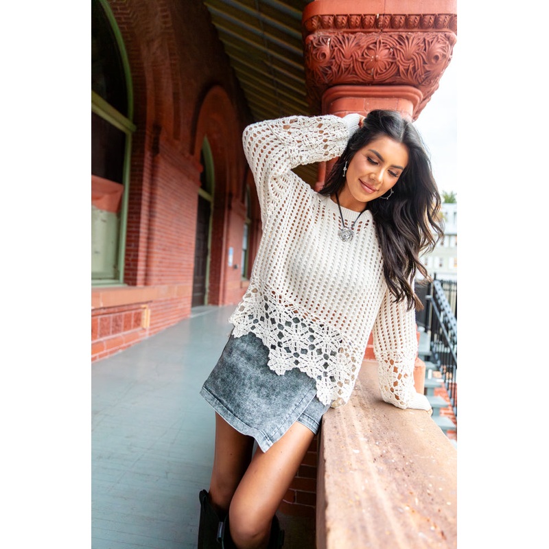 A Little Dramatic Crew Flower Trim Crochet Sweater