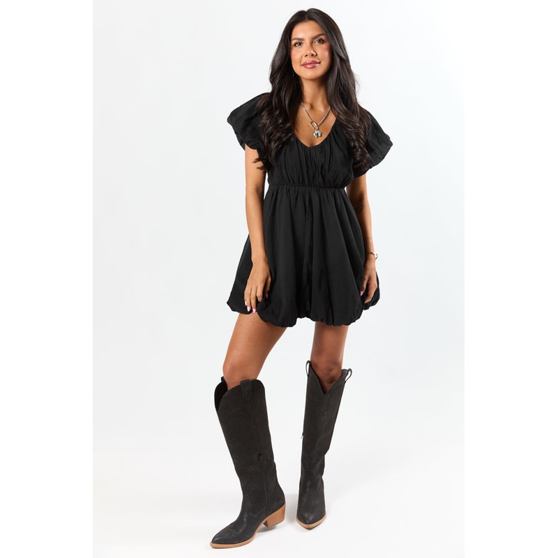 Almost Daylight Black Bubble Hem Mini Dress