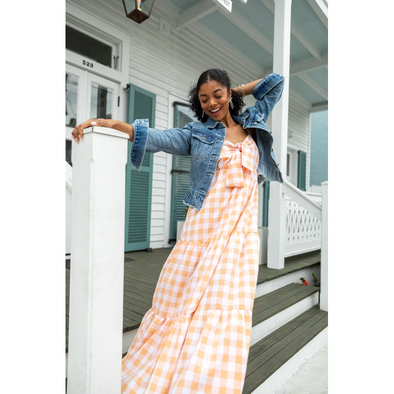 Checked Out Orange Gingham Tie Front Maxi Dress