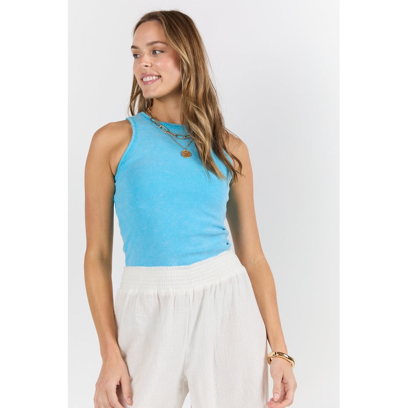 Cool Instincts Blue Acid Washed Rib High Neck Tank