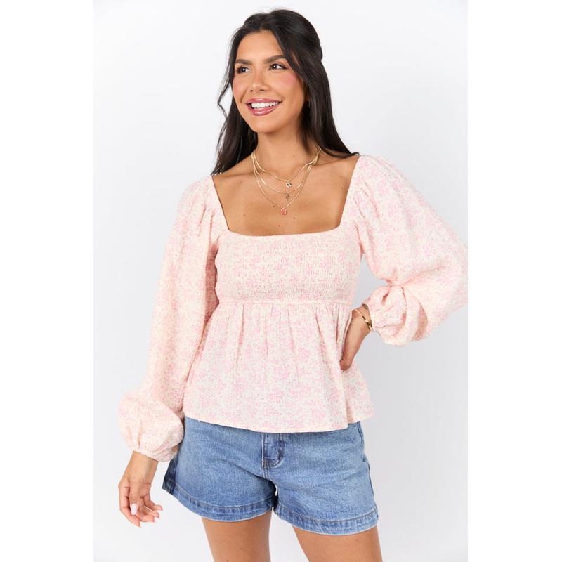 Darling Days Ivory and Pink Floral Embroidered Gauze Top