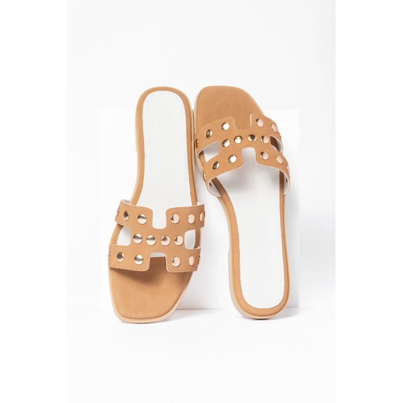 Hallie Camel Studded H Sandals