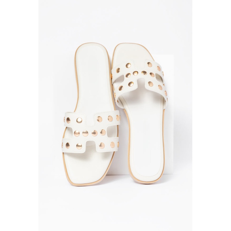 Hallie White Studded H Sandals