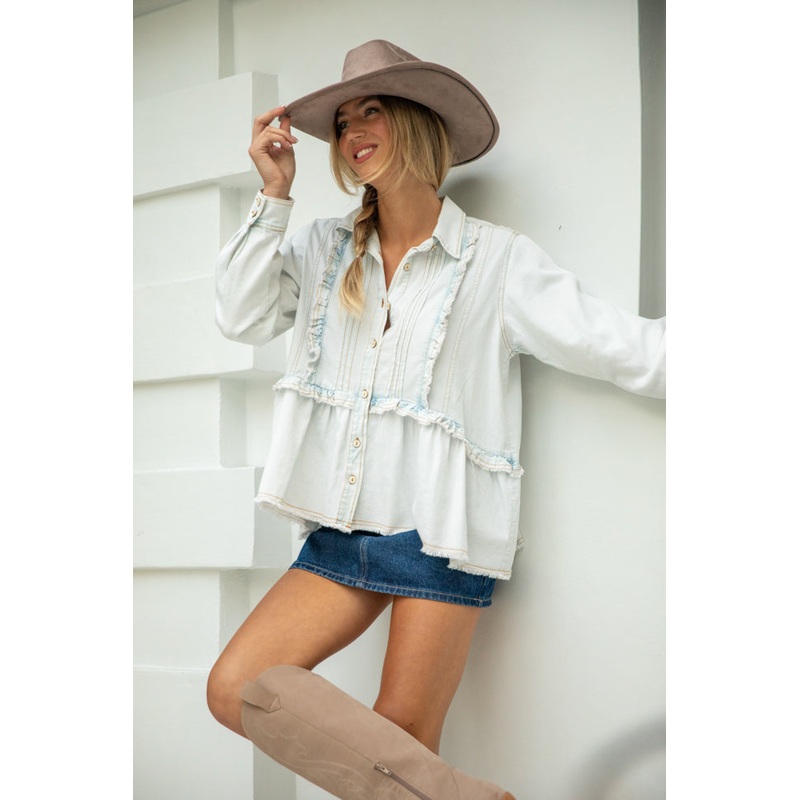 Here To Prove Light Wash Ruffle Trim Peplum Chambray Blouse
