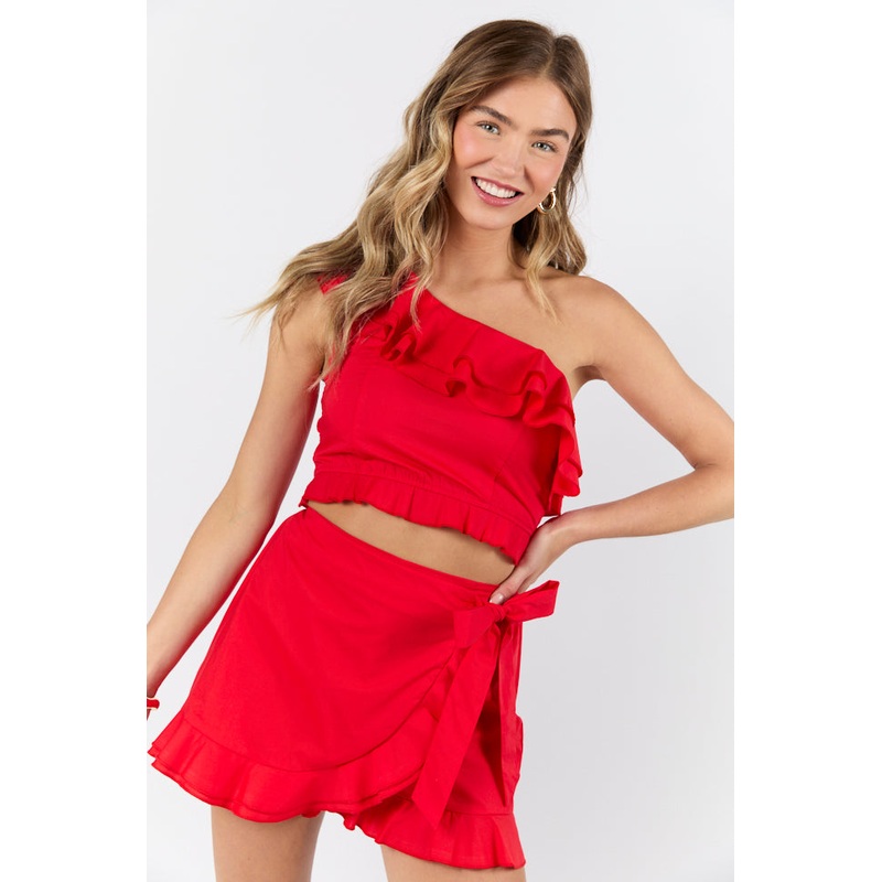 I Hope You Dance Red One Shoulder Ruffle Two Piece Set