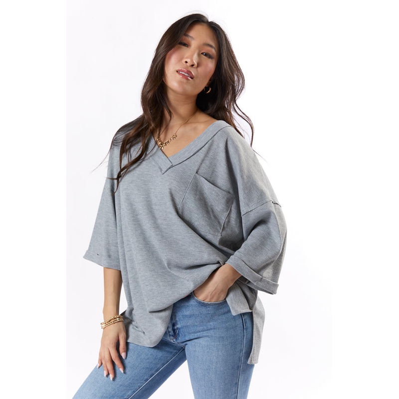 It’s Our Time Grey Oversized Pocketed Waffle Tee