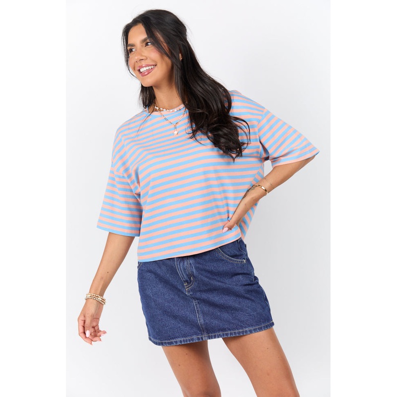 Keep It Casual Blue and Coral Multi Boxy Striped Tee