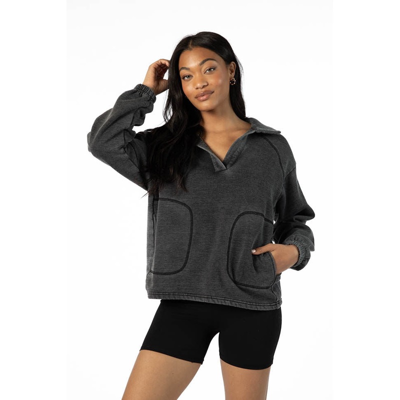 Learn As You Go Black Acid Wash Collared Pullover