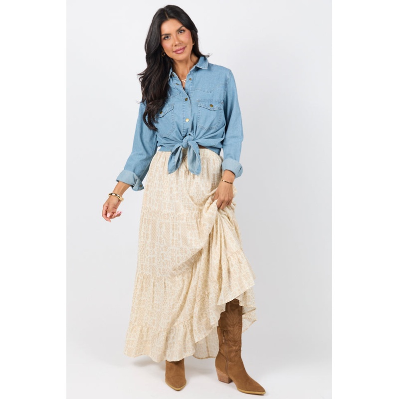 Life Is But A Breeze Ivory and Beige Printed Maxi Skirt