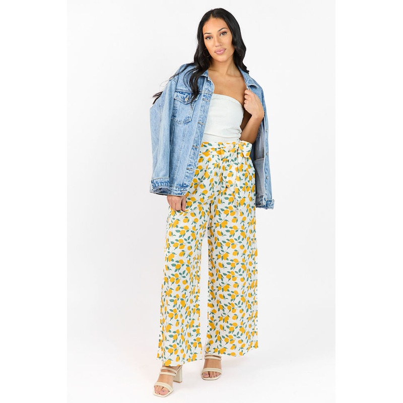 Main Squeeze Ivory Lemon Print Belted Wide Leg Pants