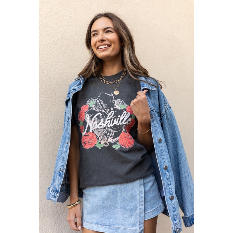 Nashville Vintage Rose Dark Grey Graphic Tee