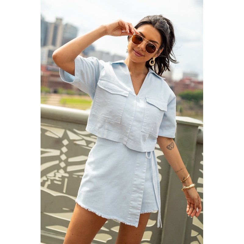 New Ways Ice Blue Cropped Denim Top