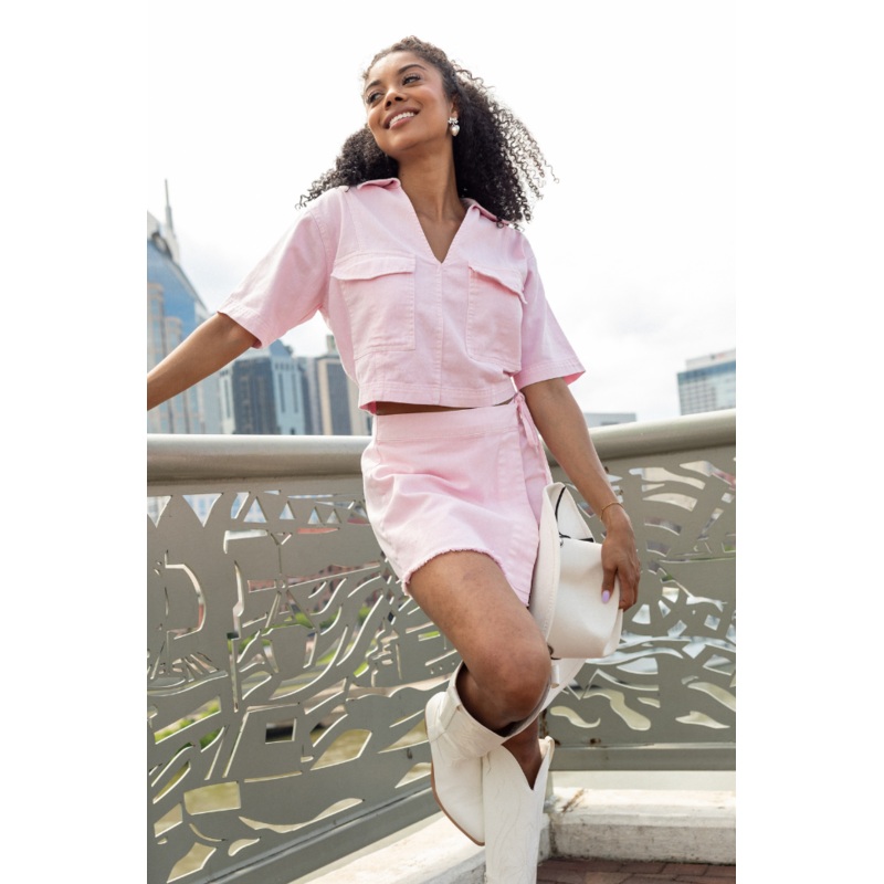 New Ways Soft Pink Cropped Denim Top
