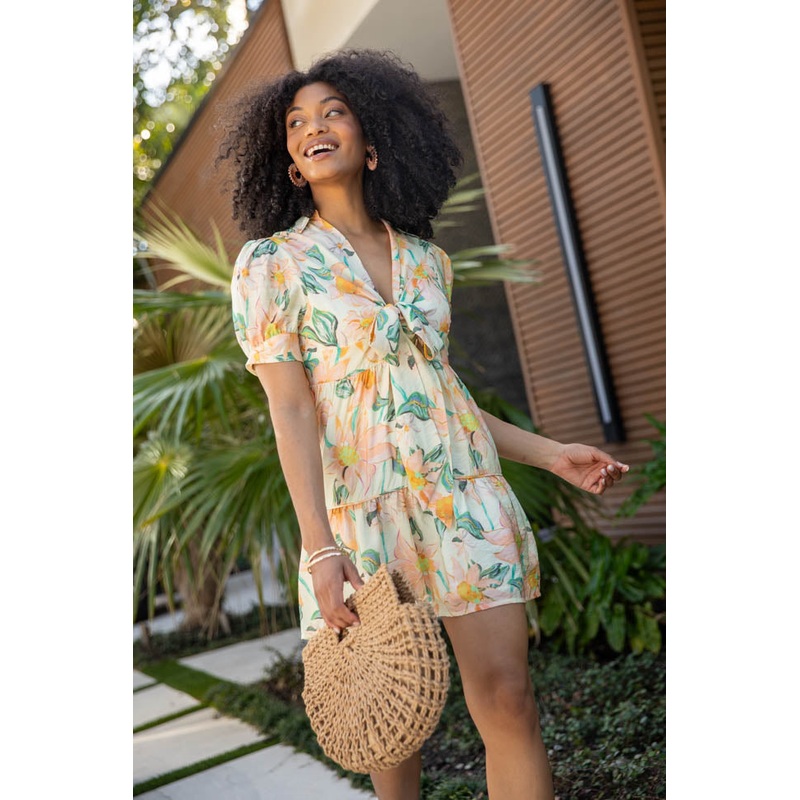 Off The Vine Multi Floral Print Front Tie Shirt Dress