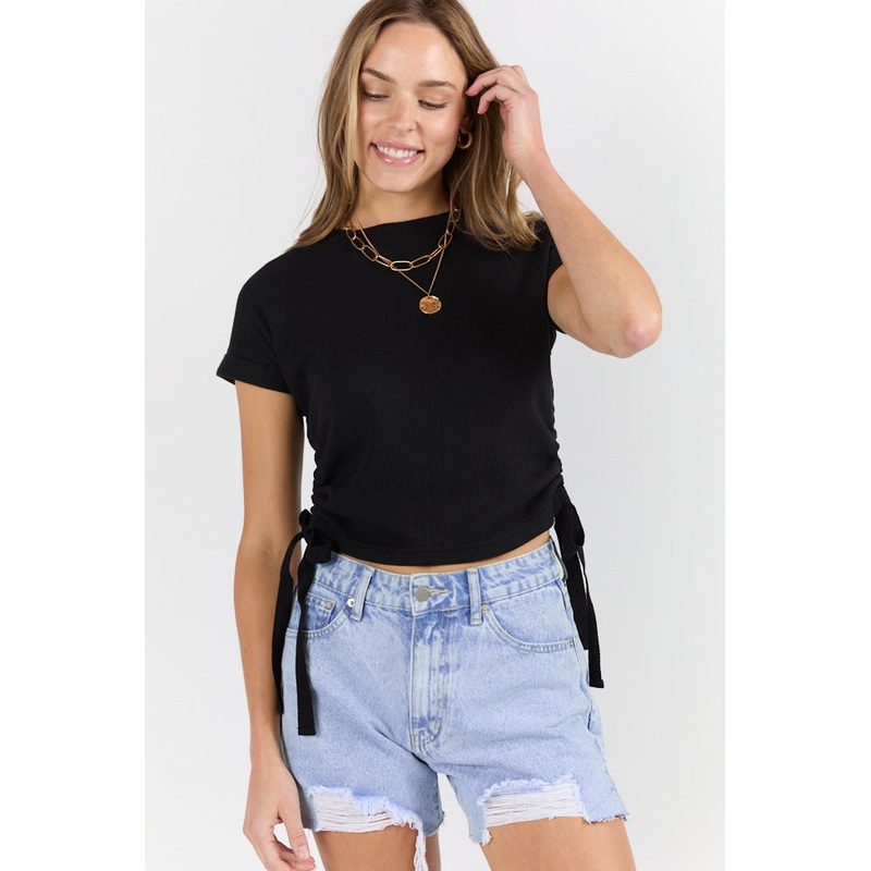 On The Road Again Black Waffle Knit Ruched Side Tee