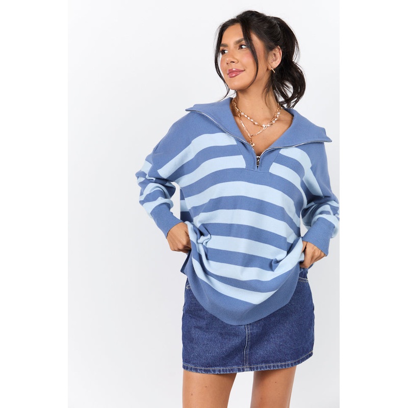 Pulling Heartstrings Navy and Blue Stripe Quarter Zip Pullover FINAL SALE