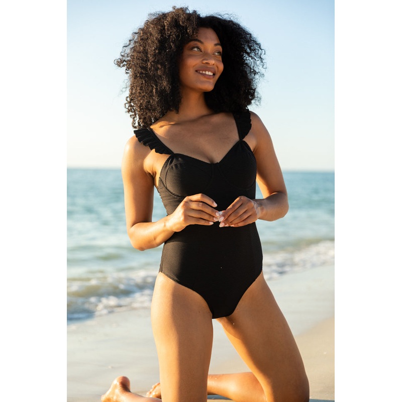 Ride The Waves Black Ruffle Shoulder One Piece Swimsuit FINAL SALE