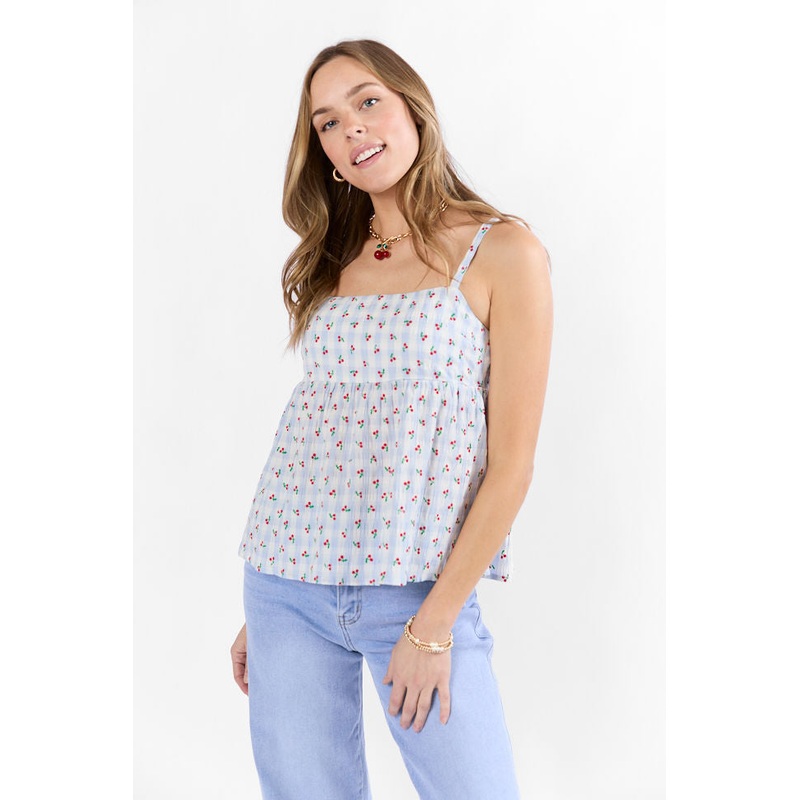 Sweet As Can Be Blue Cherry Gingham Print Tank