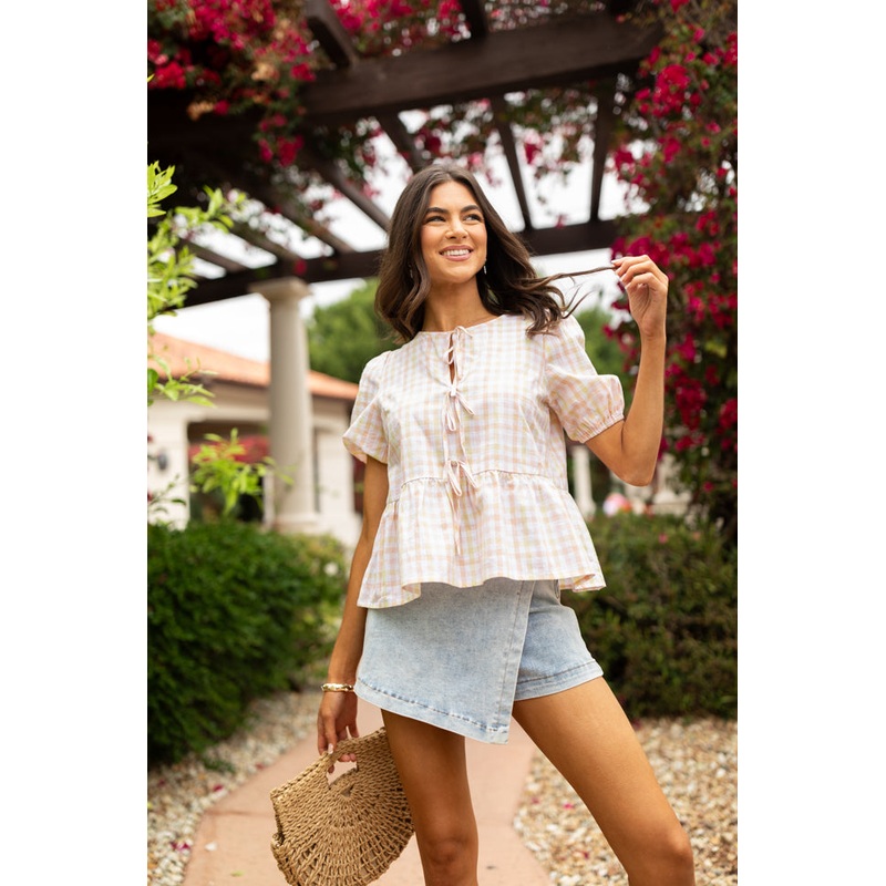 Tell Your Story Multi Gingham Short Sleeve Tie Front Peplum Blouse