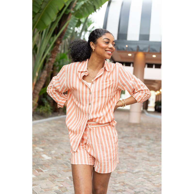 With The Tide Coral Striped Button Up Top