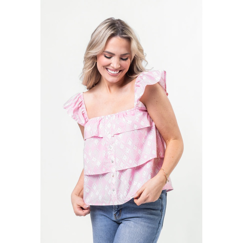 Wonderful Wildflowers Pink Print Button Front Tiered Tank
