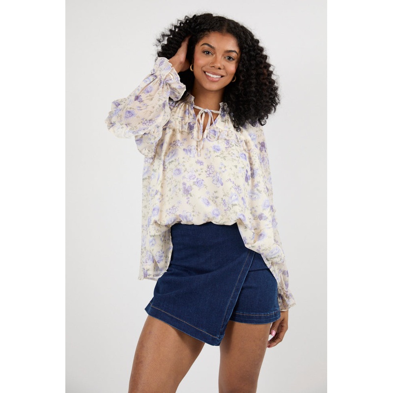 All I Want Purple Multi Oversized Ruffle Detail Popover Floral Blouse FINAL SALE