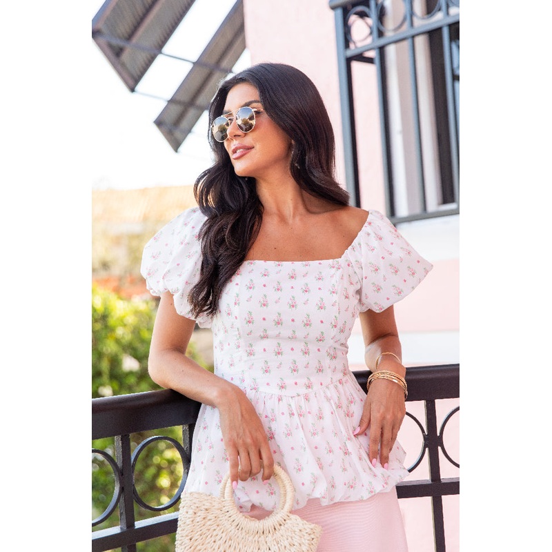 Burst Your Bubble Ivory and Pink Basque Waist Bubble Hem Floral Blouse