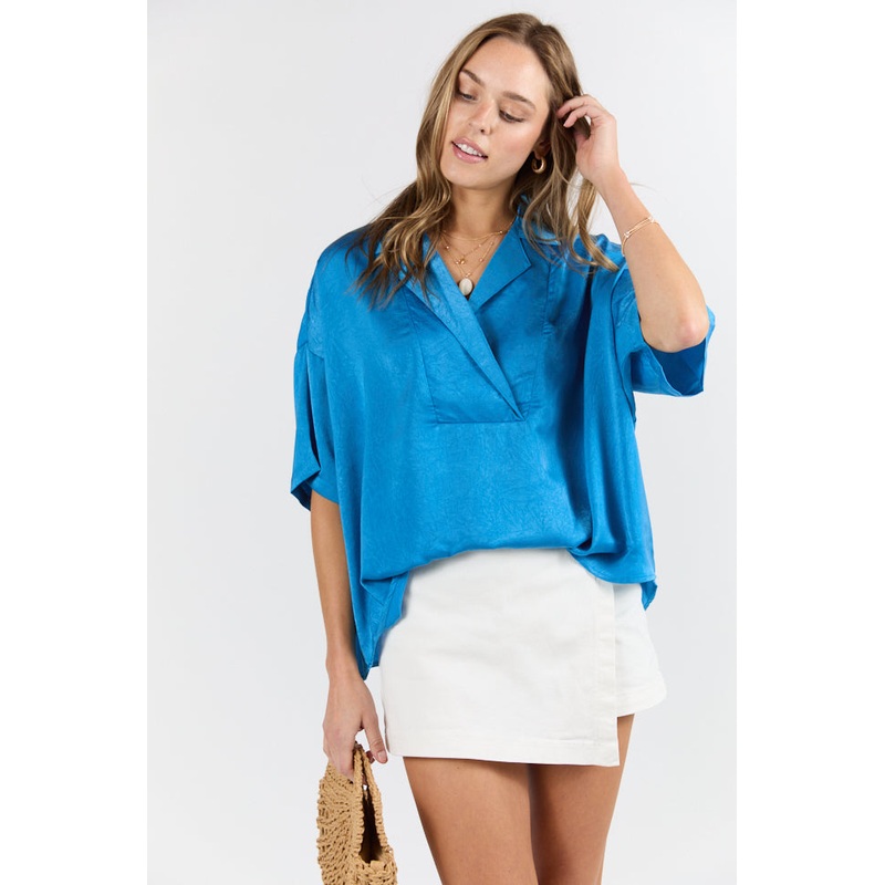 Dramatic Entrance Blue Oversized Satin Collared Blouse