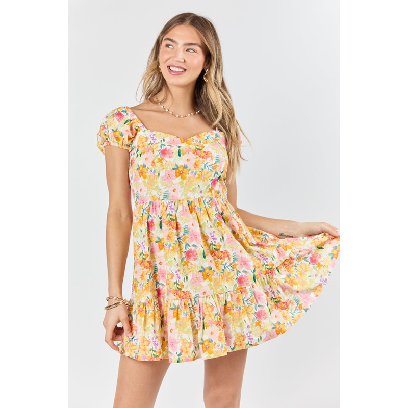 Dream Of Me Multi Floral Bubble Sleeve Mini Dress