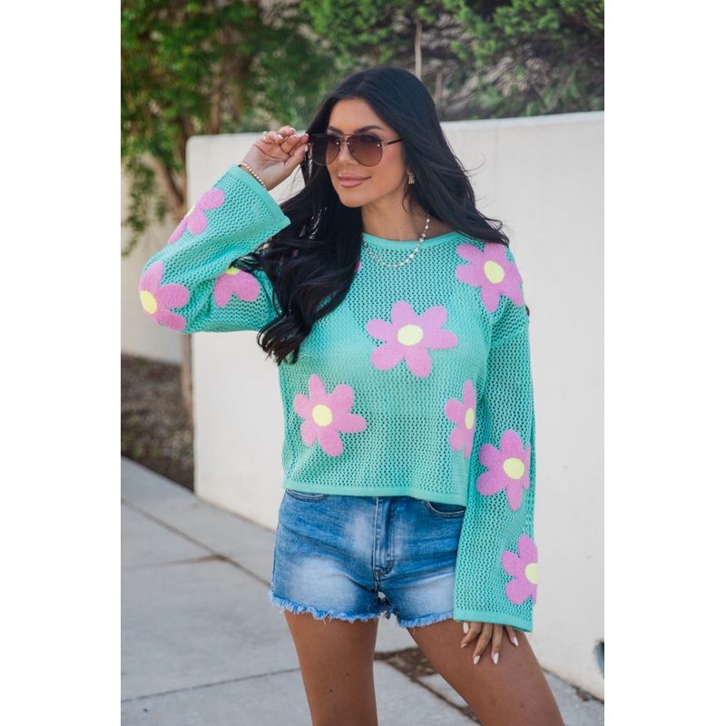 Follow You Around Mint And Pink Flower Embroidered Sweater