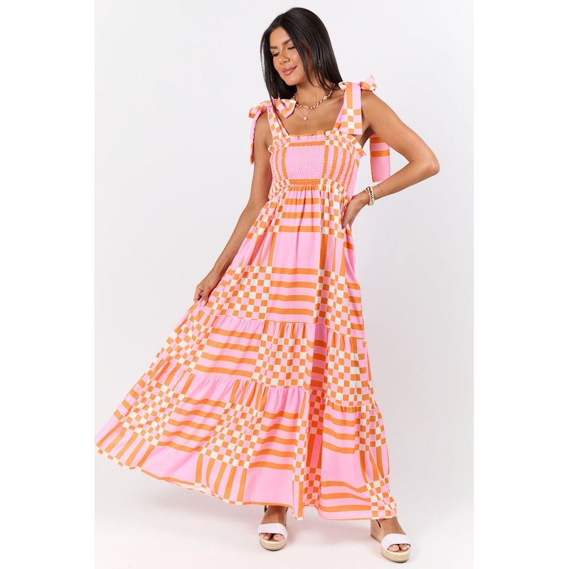 Get The Check Pink and Orange Printed Checkered Maxi Dress