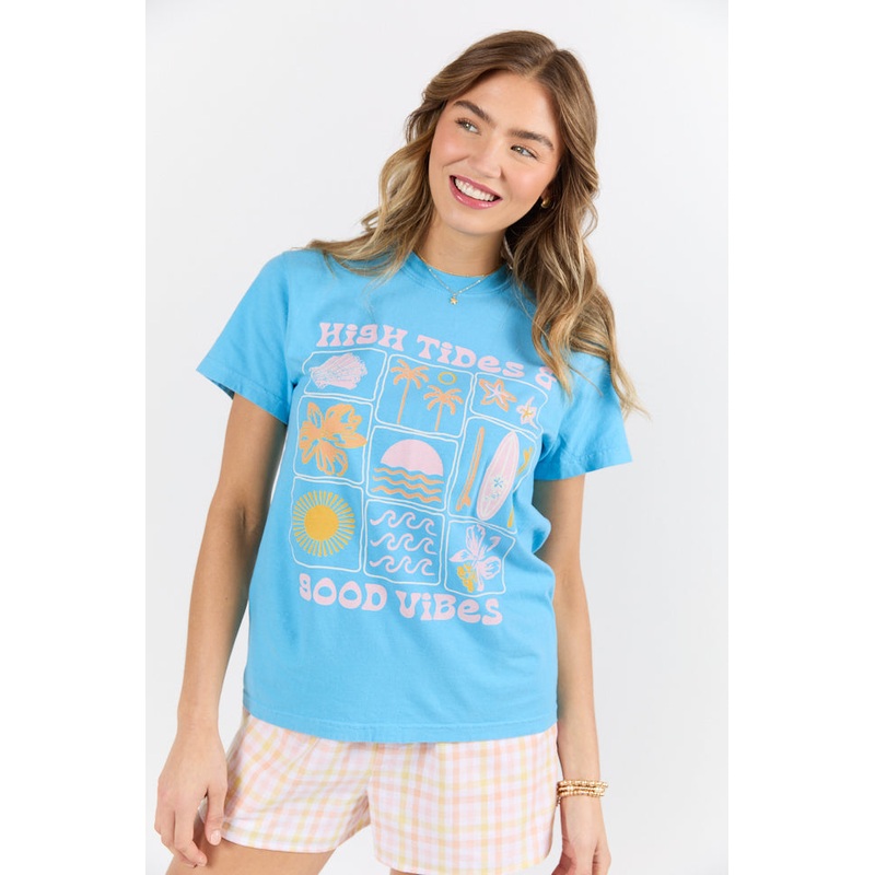 High Tides & Good Vibes Aqua Blue Graphic Tee