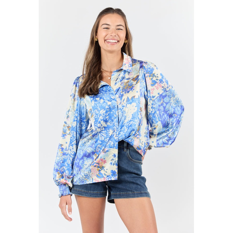 I’ve Been Waiting Blue Floral Patch Print Satin Button Down Blouse FINAL SALE