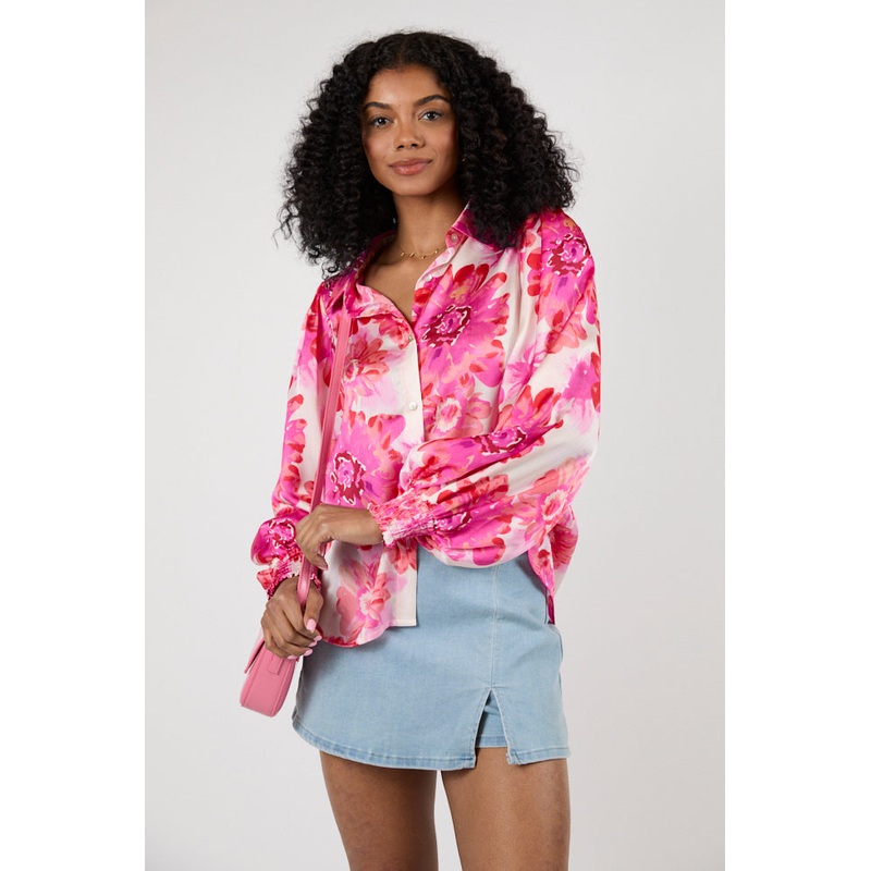 I’ve Been Waiting Rose Floral Satin Button Down Blouse FINAL SALE